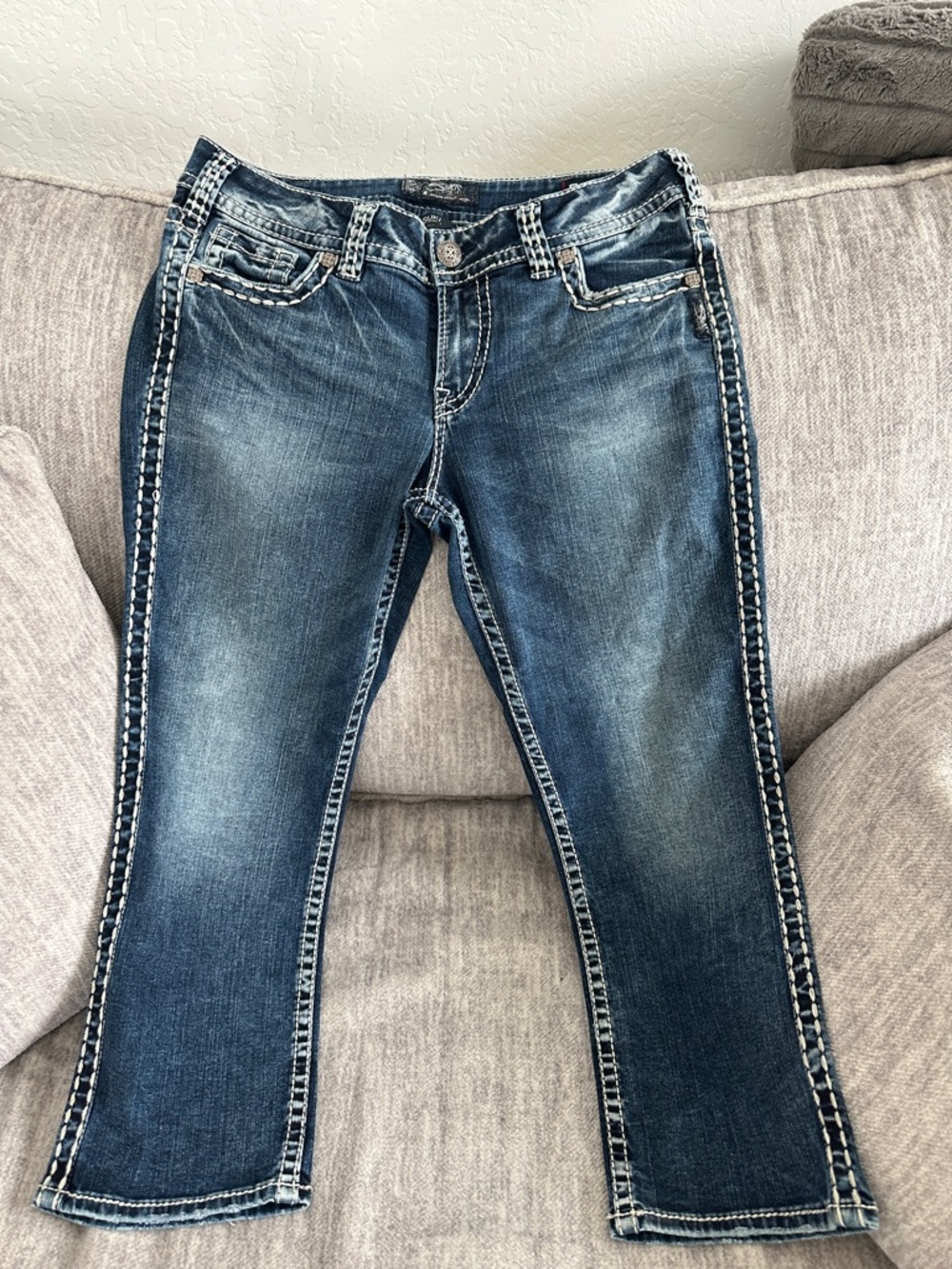 Silver Jeans Distressed Medium Blue Cropped Bootcut Jeans